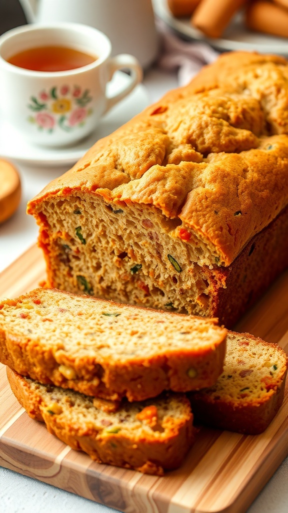 Banana Zucchini Carrot Bread Recipe Sliced banana zucchini carrot bread on a wooden cutting board with a cozy kitchen background.